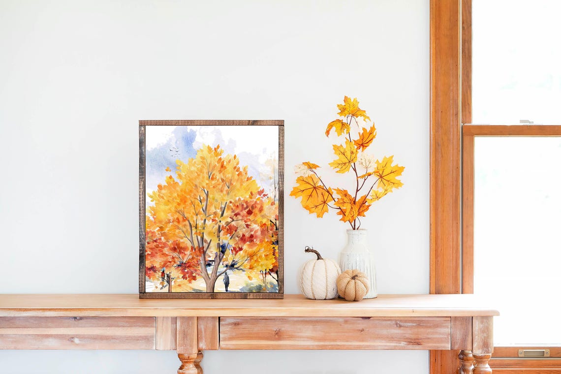 Golden Autumn Tree Falling Leaves Watercolor Fall Walk Poster - Image 2