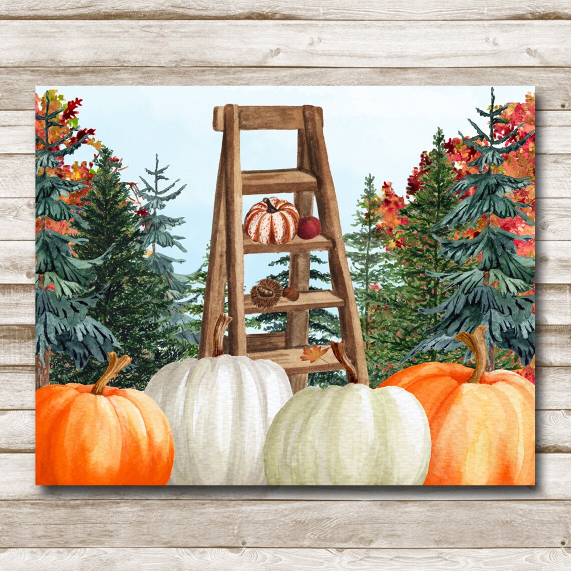 Wooden Ladder with Pumpkins Fall Forest Harvest Scene Wall Poster - Image 4