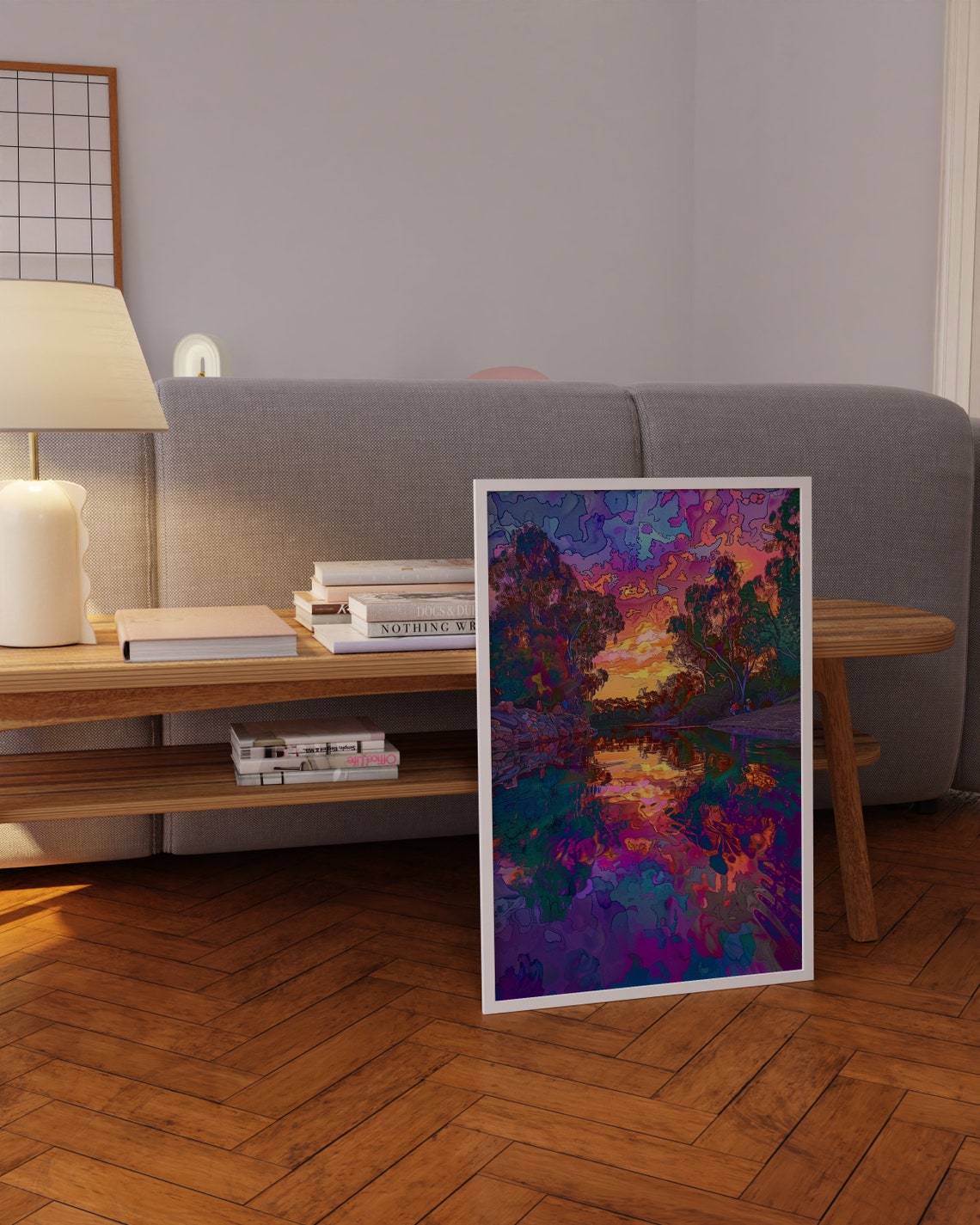 Vibrant Sunset River Reflection Purple Orange Landscape Poster - Image 3