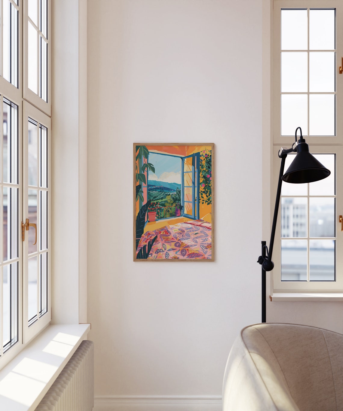 Open Window Balcony Valley View Cozy Travel Illustration Poster - Image 5