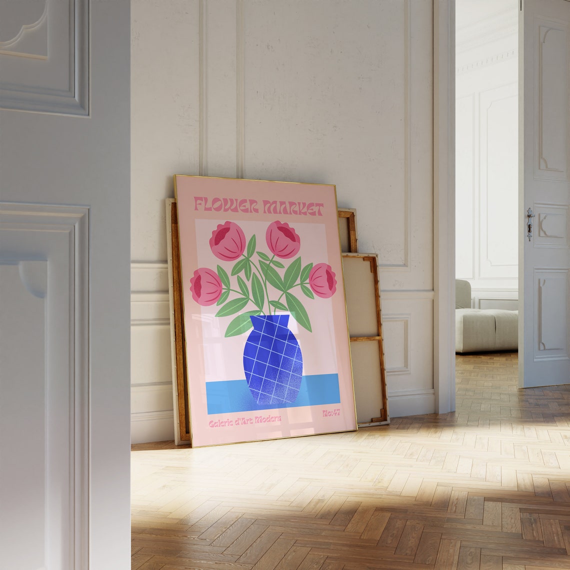 Flower Market No 47 Pink Tulips Blue Grid Vase Peach Art Poster - Image 2