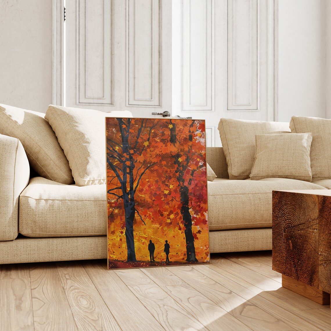 Autumn Forest Walkers Silhouette with Dark Trees and Golden Leaves Poster - Image 2