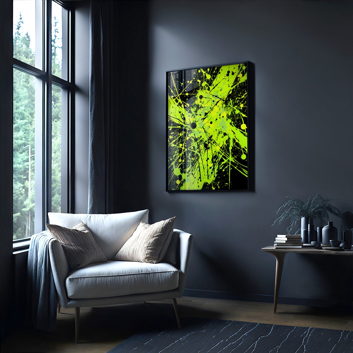 Jackson Pollock Style Electric Green Splatter Black Art Poster - Image 4