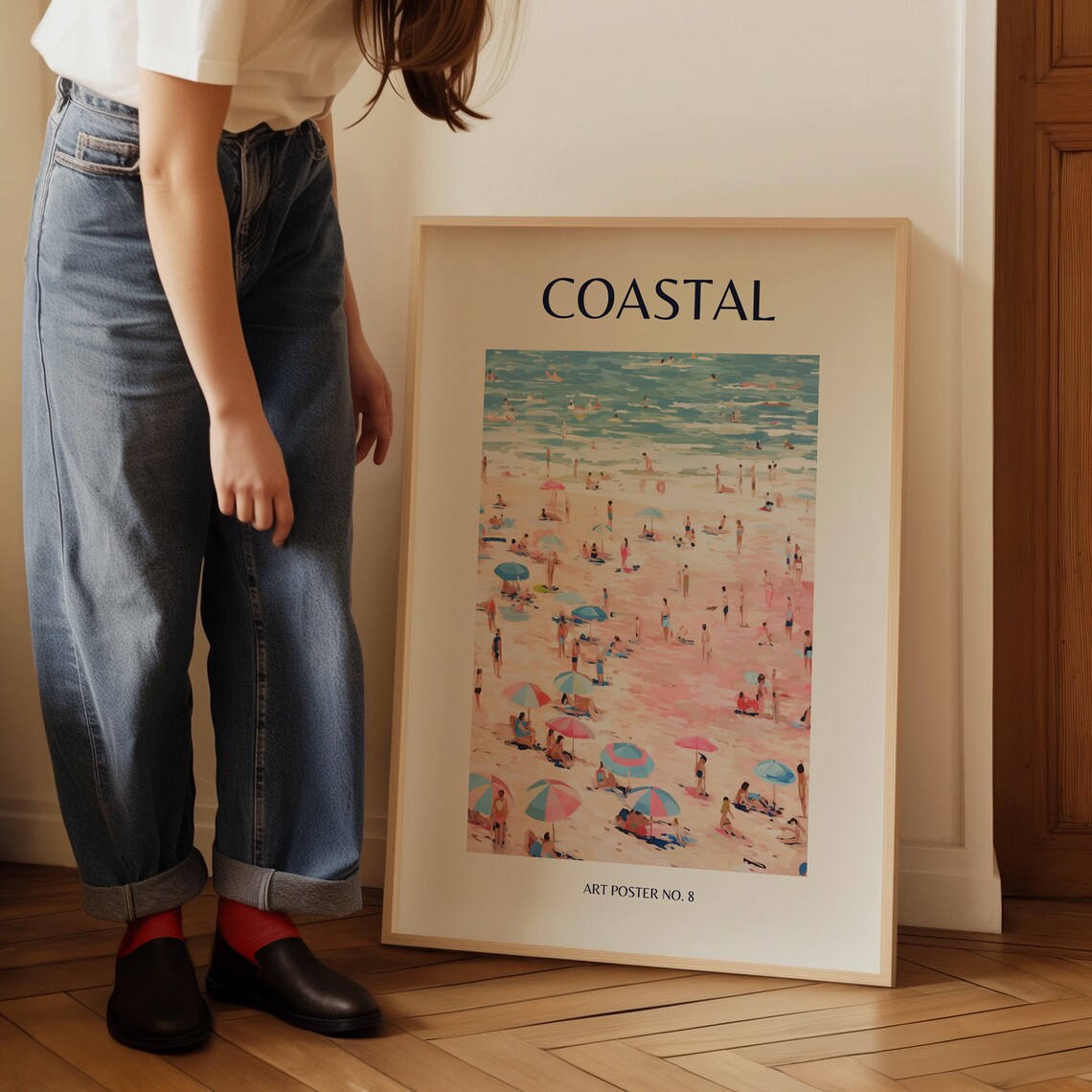 Coastal Busy Beach Pink Blue Umbrellas Scene Art Poster No. 8 - Image 3