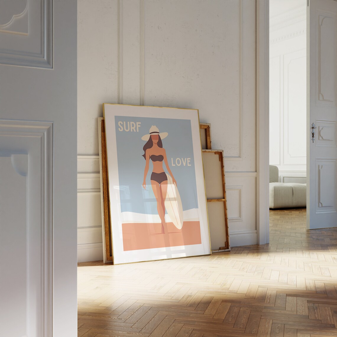 Surf Love Retro Beach Art Poster with Surfer Girl in Brown Bikini - Image 3
