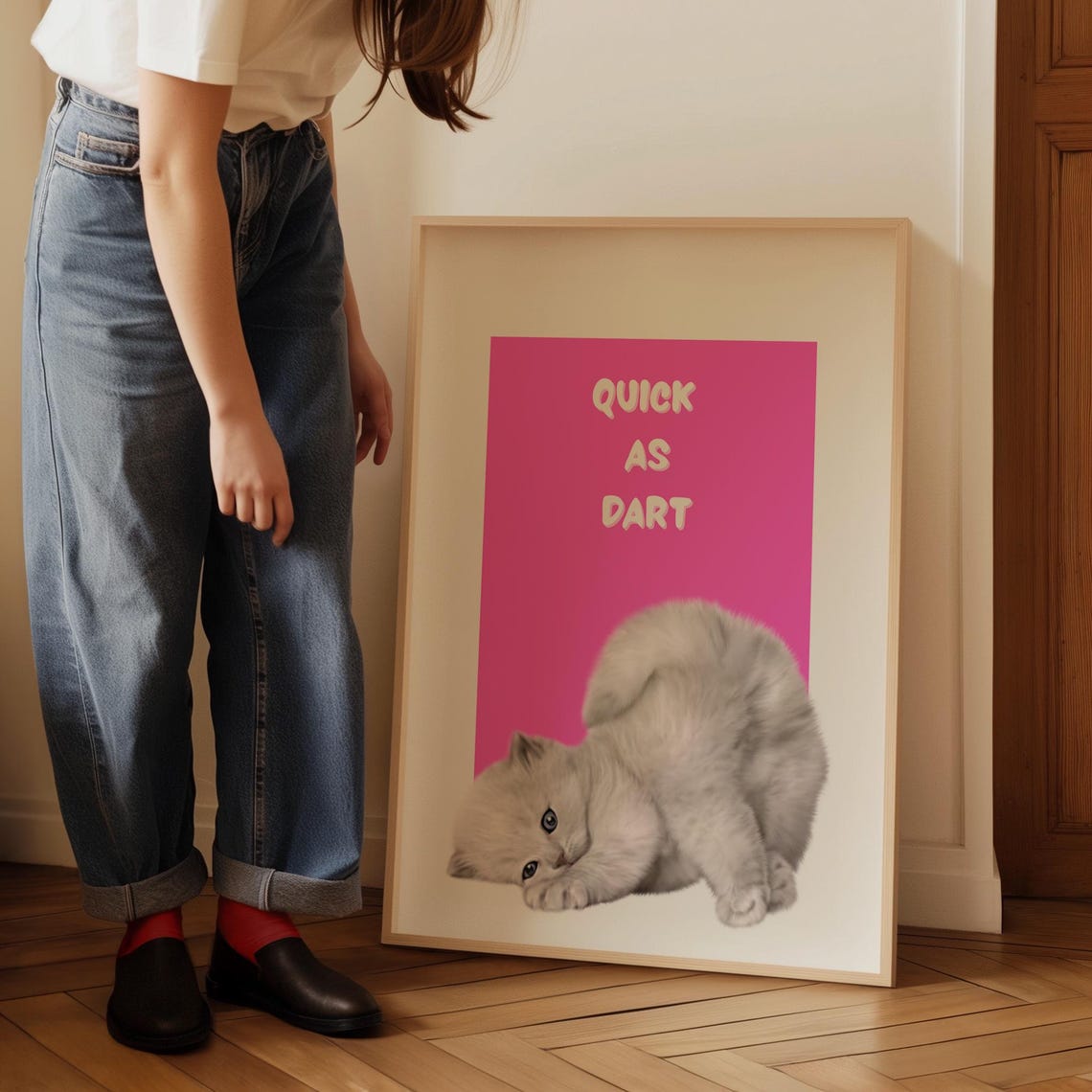 Quick as Dart Playful White Kitten on Bright Pink Background Poster - Image 5