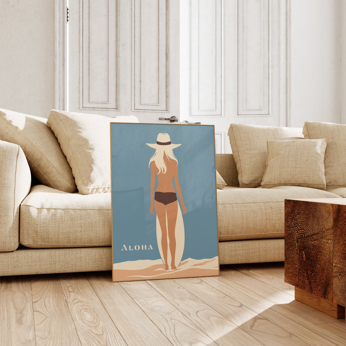 Aloha Surfer Girl Surfboard Beach Sunset Illustration Poster - Image 5