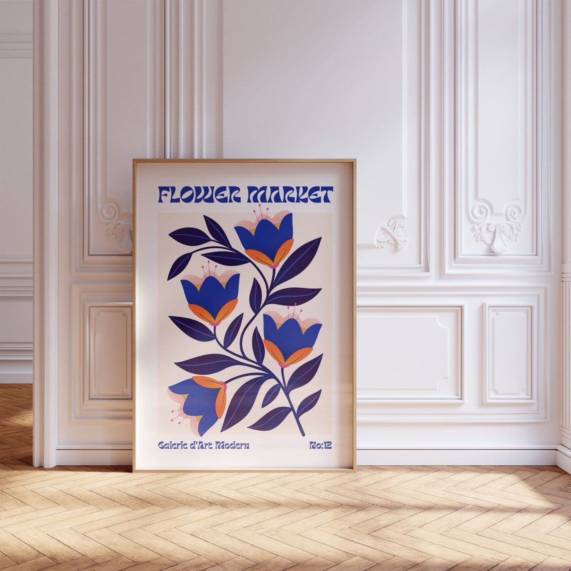 Flower Market No 12 Blue Tulips Orange Retro Floral Art Poster - Image 5