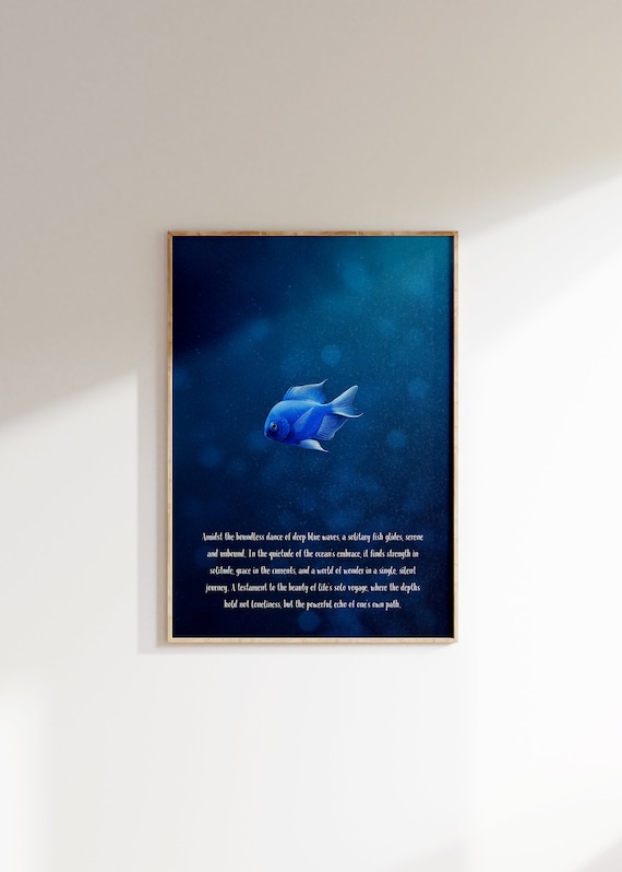 Solo Blue Depths Fish Poster Beach House Decor Calming Neutral Wall Art Extra Large Ocean Print Minimalist Nautical Decor Blue Wall Art