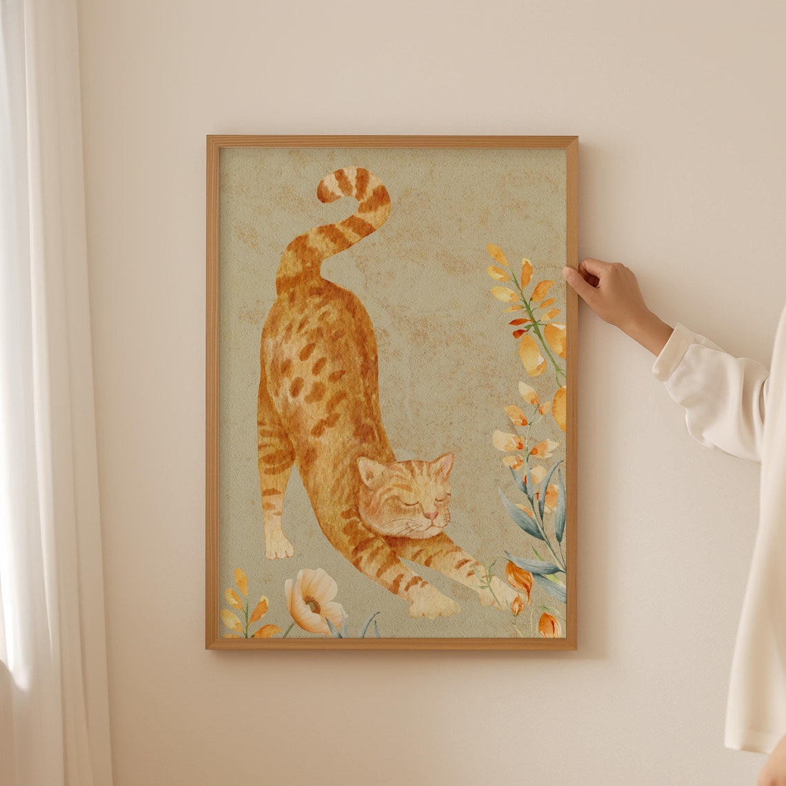 Japanese Orange Ginger Cat Stretching Watercolor Floral Art Poster