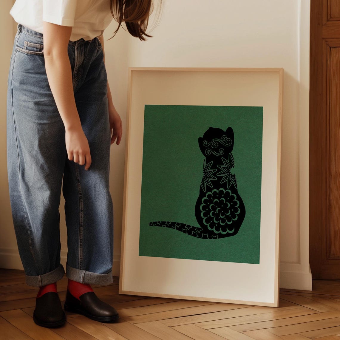 Decorative Black Cat Silhouette on Sage Green Pattern Poster - Image 5