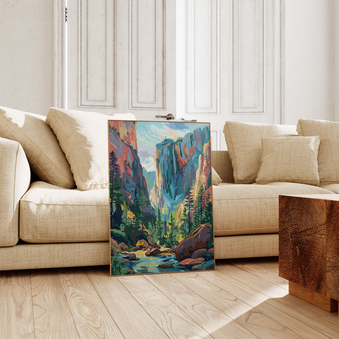 Waterfall Canyon Valley Colorful Cliffs and Stream Illustration Poster - Image 3