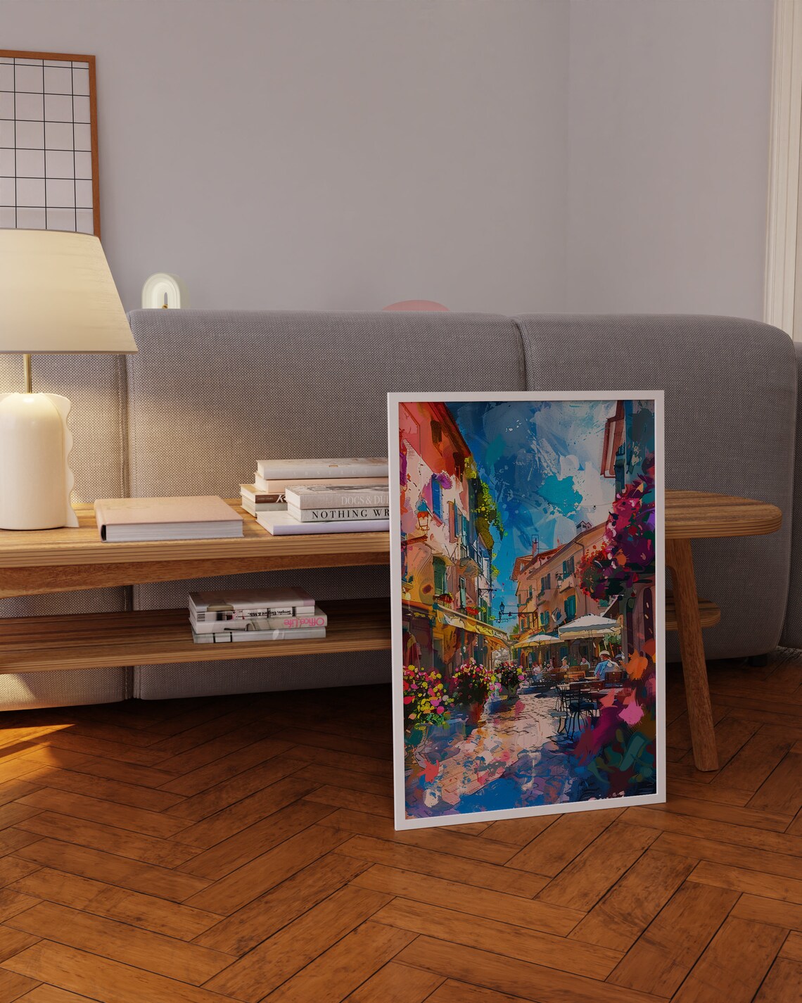 Sunlit European Street Cafe with Flower Baskets Colorful Art Poster - Image 4