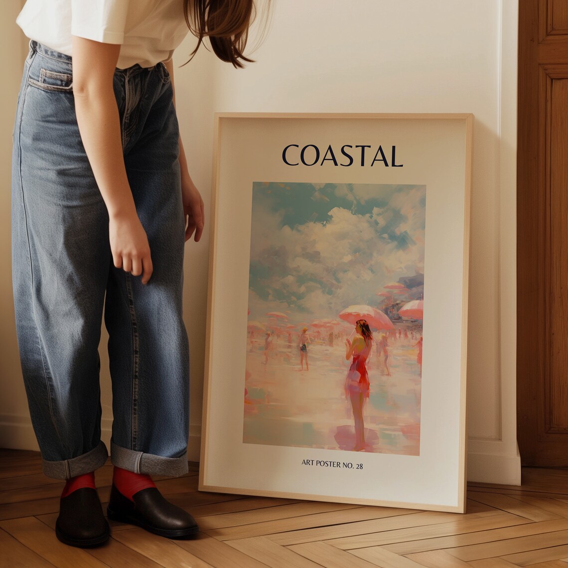 Coastal Woman Red Dress Pink Umbrella Beach Art Poster No. 28 - Image 3
