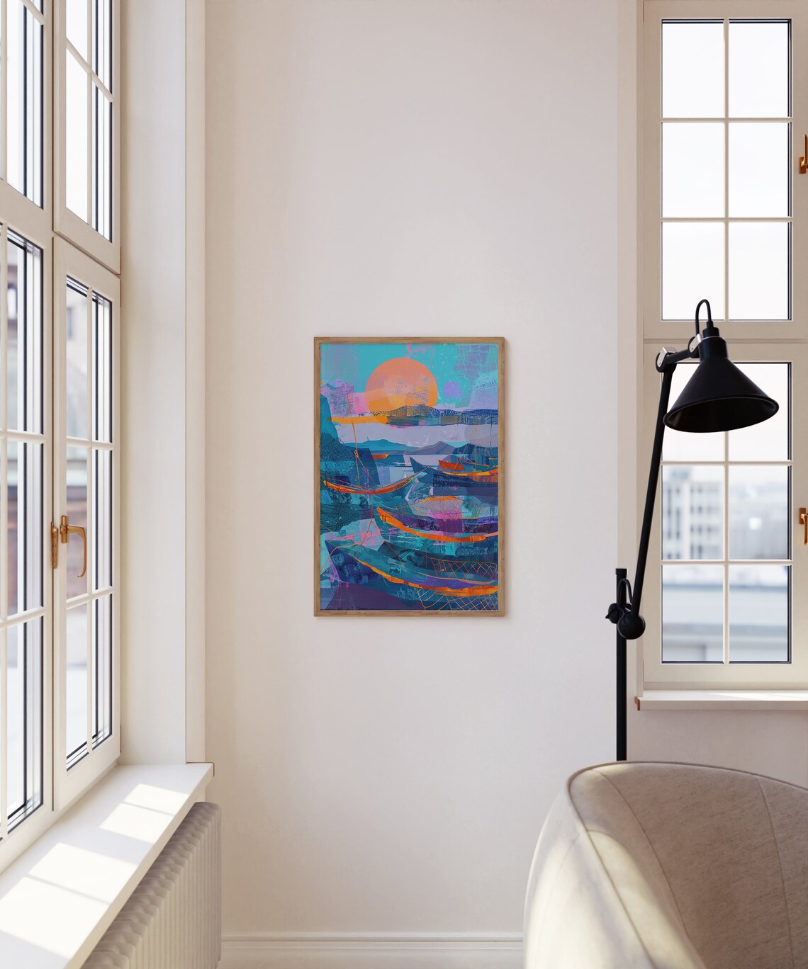 Abstract Fishing Boats Giant Orange Sun Geometric Sea Poster - Image 2