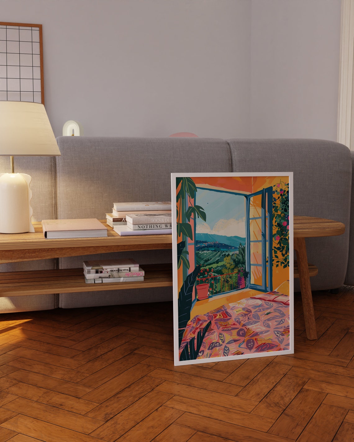 Open Window Balcony Valley View Cozy Travel Illustration Poster - Image 4