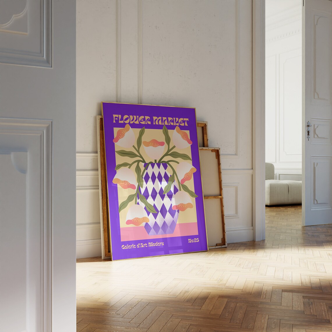 Flower Market No 28 White Orange Blooms Harlequin Vase Art Poster - Image 2