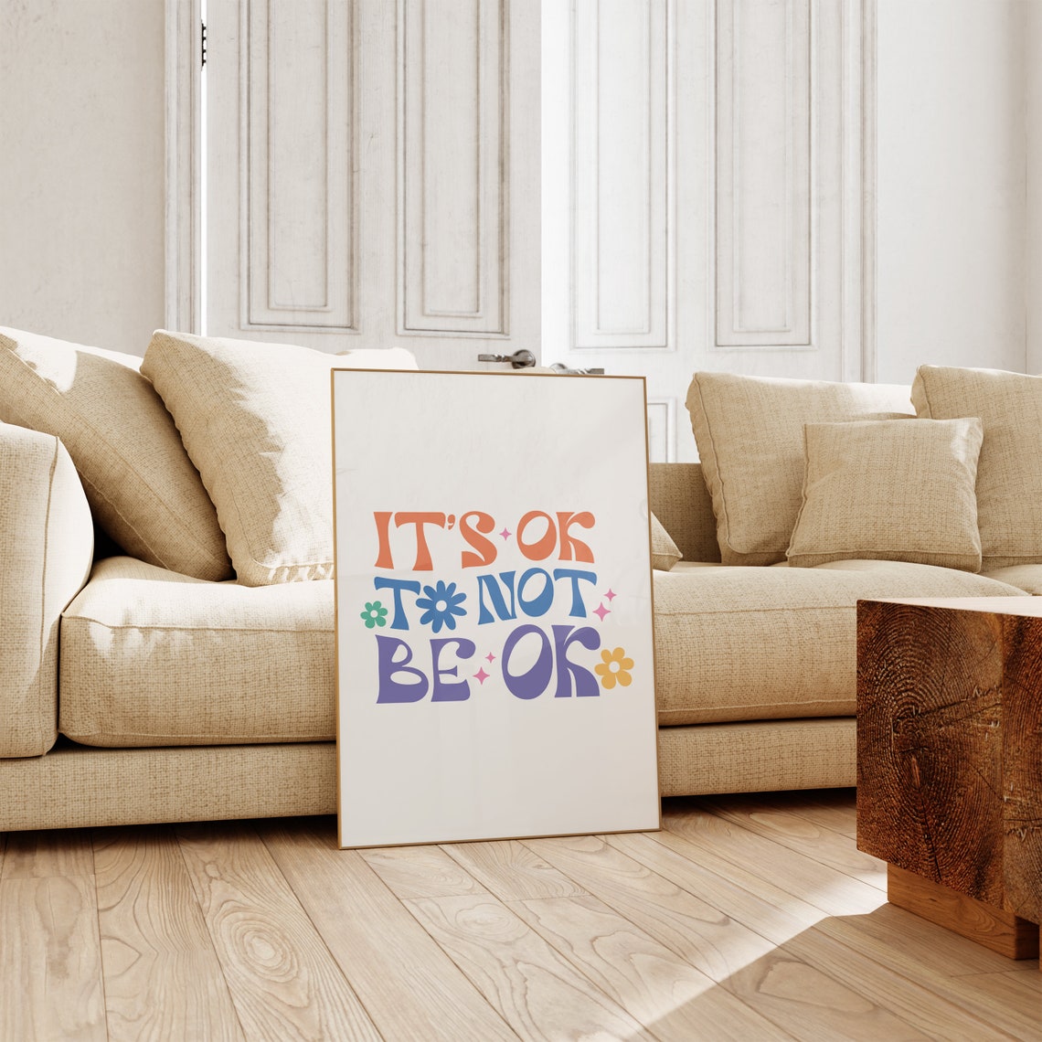 Its Ok to Not Be Ok Retro Groovy Typography Flower Quote Poster - Image 2