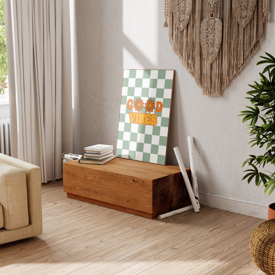 Good Vibes Green Checkerboard Flower Smiley Retro Quote Poster - Image 3