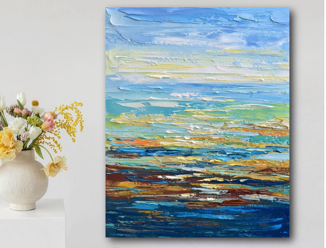 Abstract Sunrise Seascape Blue Teal Gold Horizon Palette Art Poster