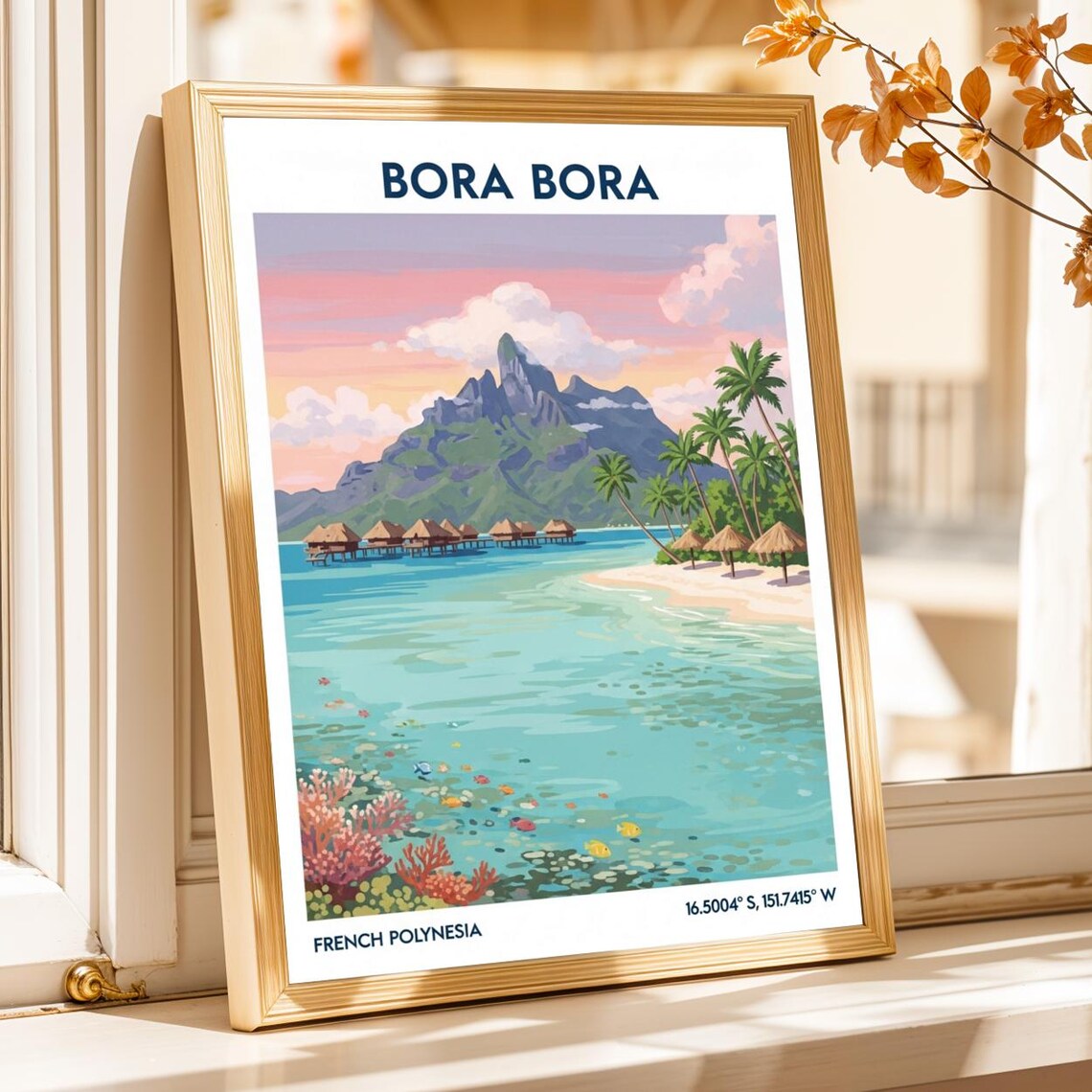 Bora Bora Overwater Bungalows Tropical Lagoon Vintage Travel Poster
