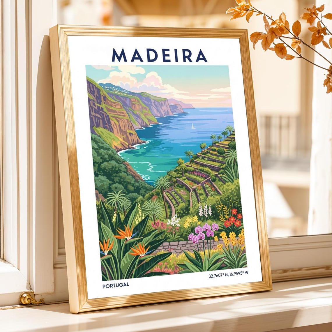Madeira Portugal Vintage Coastal Cliffs Botanical Travel Poster