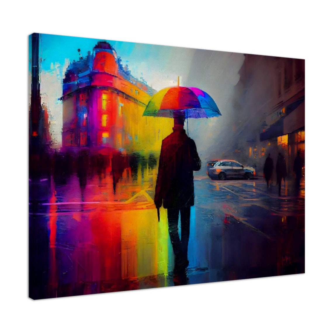 Rainbow Colors Gun Man Oil Painting With Colorful Umbrella Rainy Street Of City Wall Art - Image 3