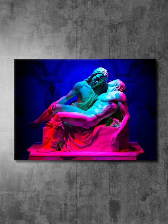Divine Radiance Colorful Neon Michelangelos Pieta Wall Art Print Renaissance Home Dcor Classical Art