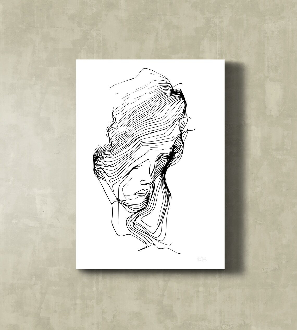 Minimalist Woman Face Line Art Flowing Hair Ink Drawing Poster