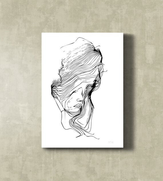 Minimalist Woman Face Line Art Flowing Hair Ink Drawing Poster