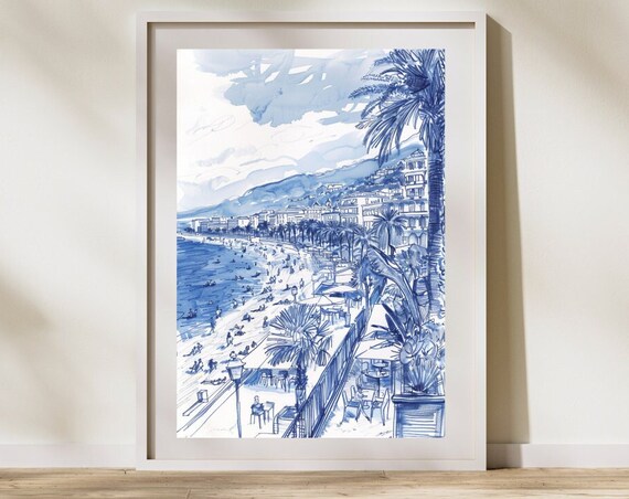 Blue Ink Seaside Promenade Palms Sketch Coastal Getaway Travel Poster