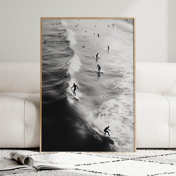 Black White Surfers Aerial Ocean Waves Minimalist Surf Photo Print