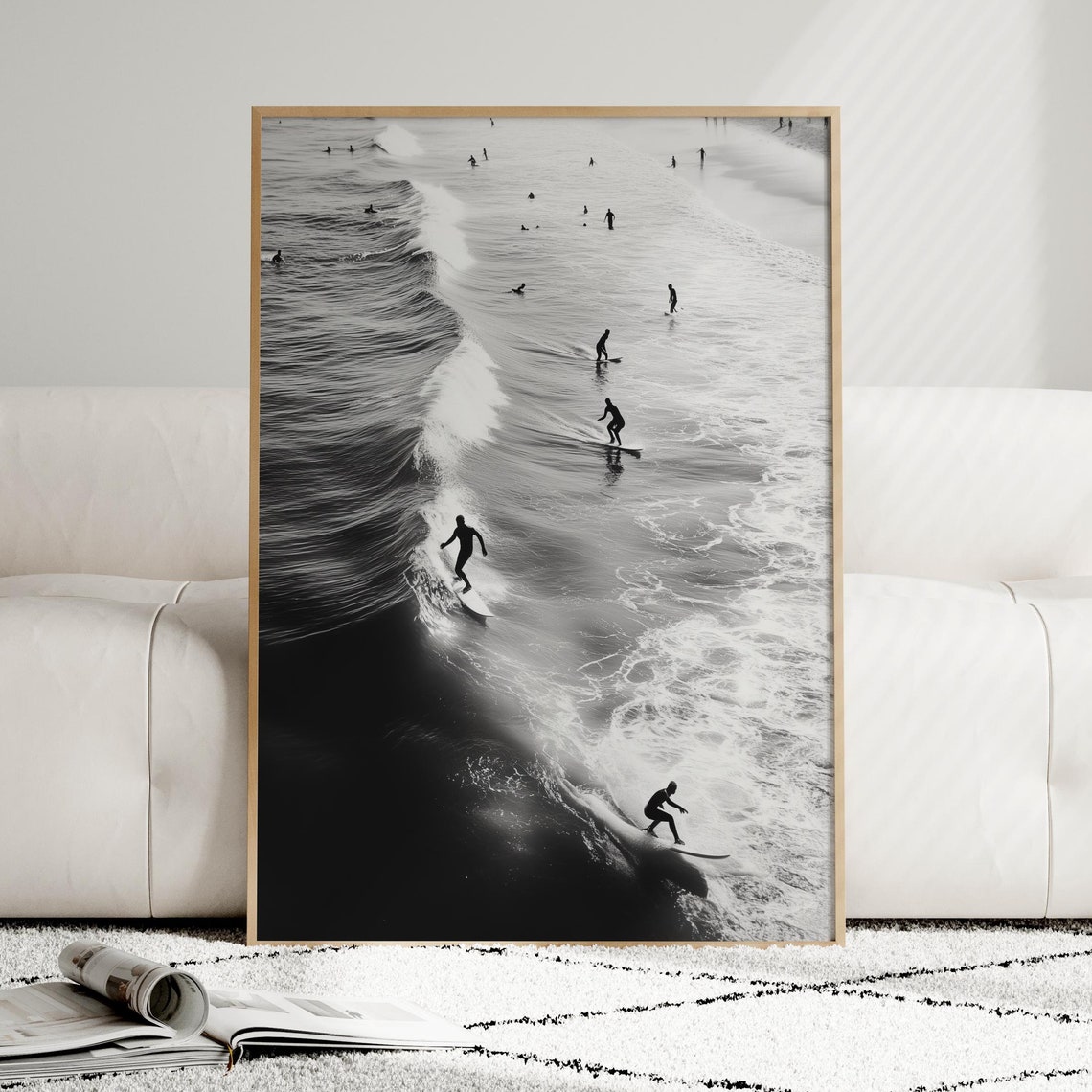 Black White Surfers Aerial Ocean Waves Minimalist Surf Photo Print