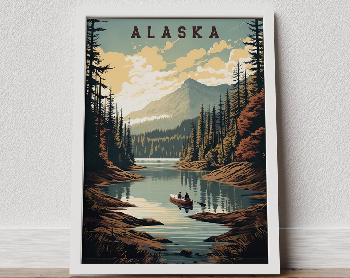 Alaska Retro Travel Poster with Canoe Mountain Lake Pine Forest