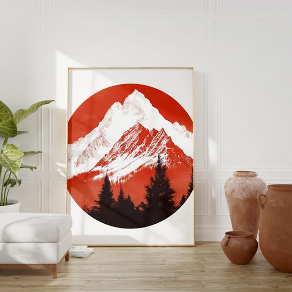 Red Mountain Landscape Art Print Abstract Geometric Poster