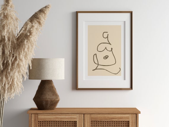Minimalist Pregnancy Line Art Print Beige Abstract Woman