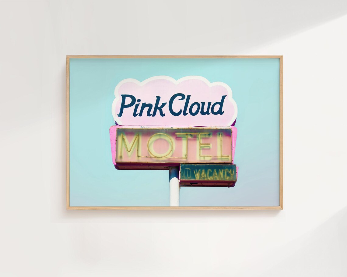 Pink Cloud Motel Retro Neon Sign Photography Turquoise Sky Poster