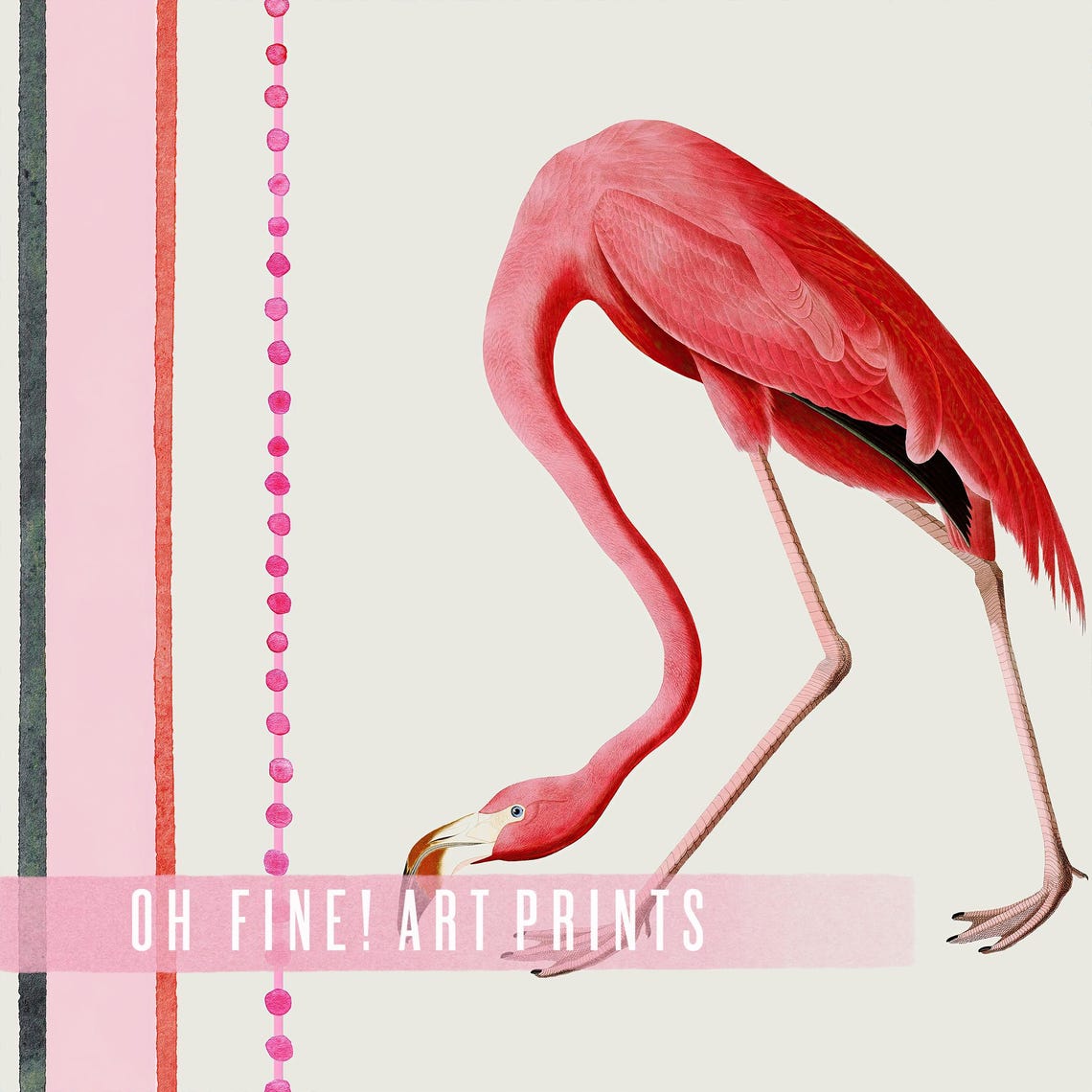 Vintage Flamingo Illustration Striped Retro Background Nursery Poster - Image 2