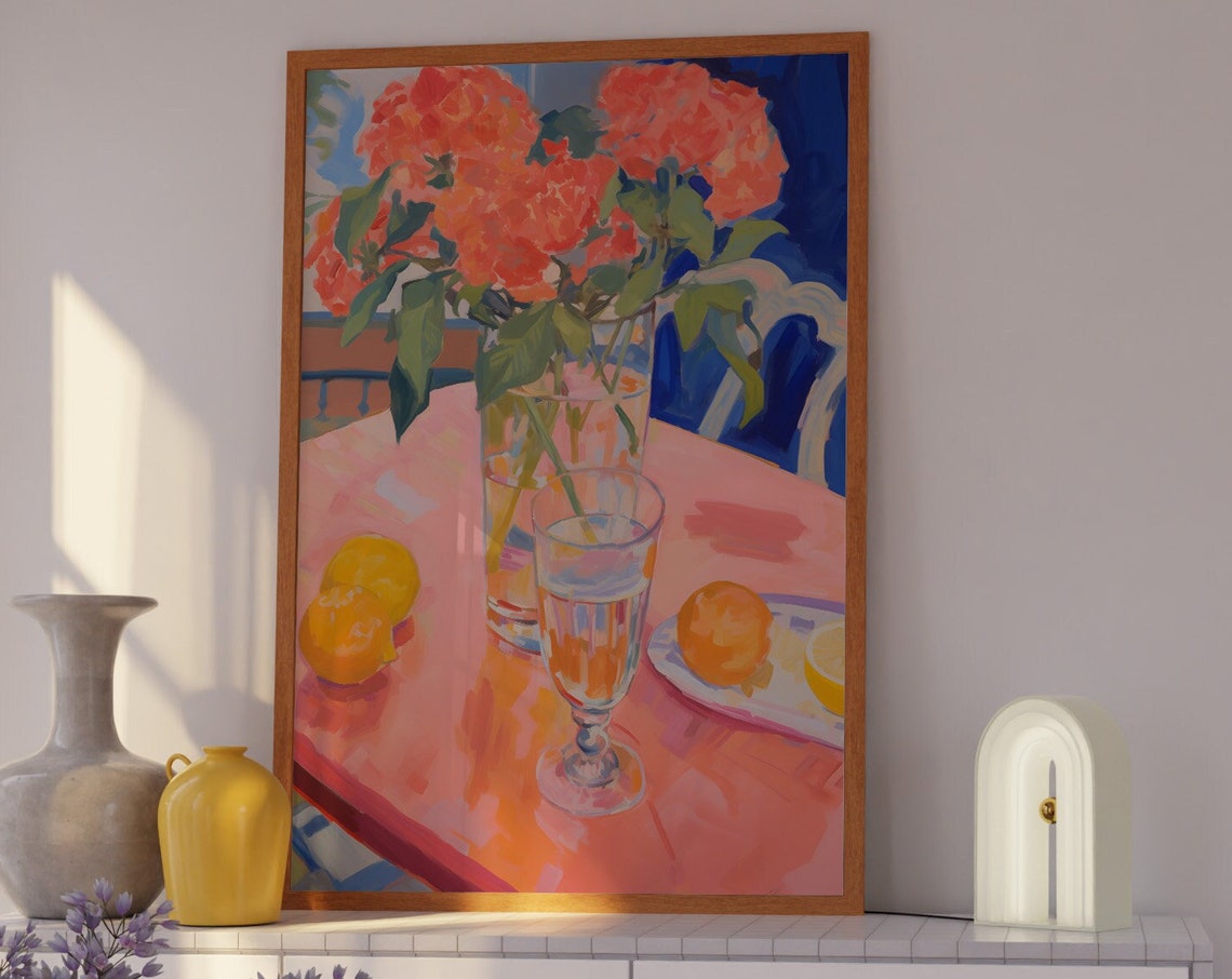 Coral Flowers with Lemons on a Pink Table Still Life Kitchen Poster