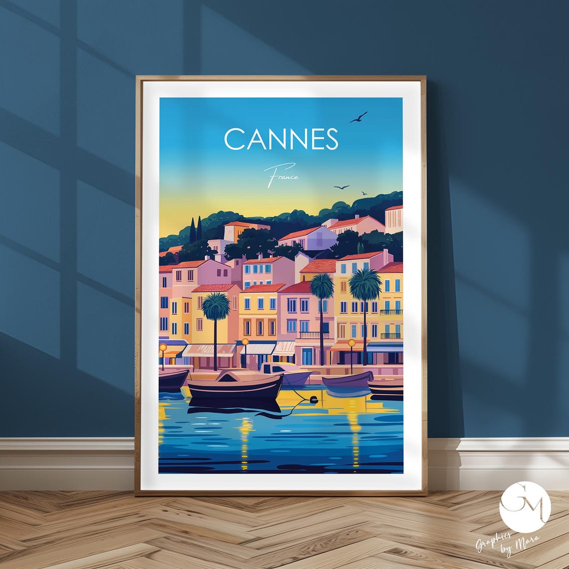 Cannes France Dusk Harbor With Boats And Palm Trees Riviera Poster
