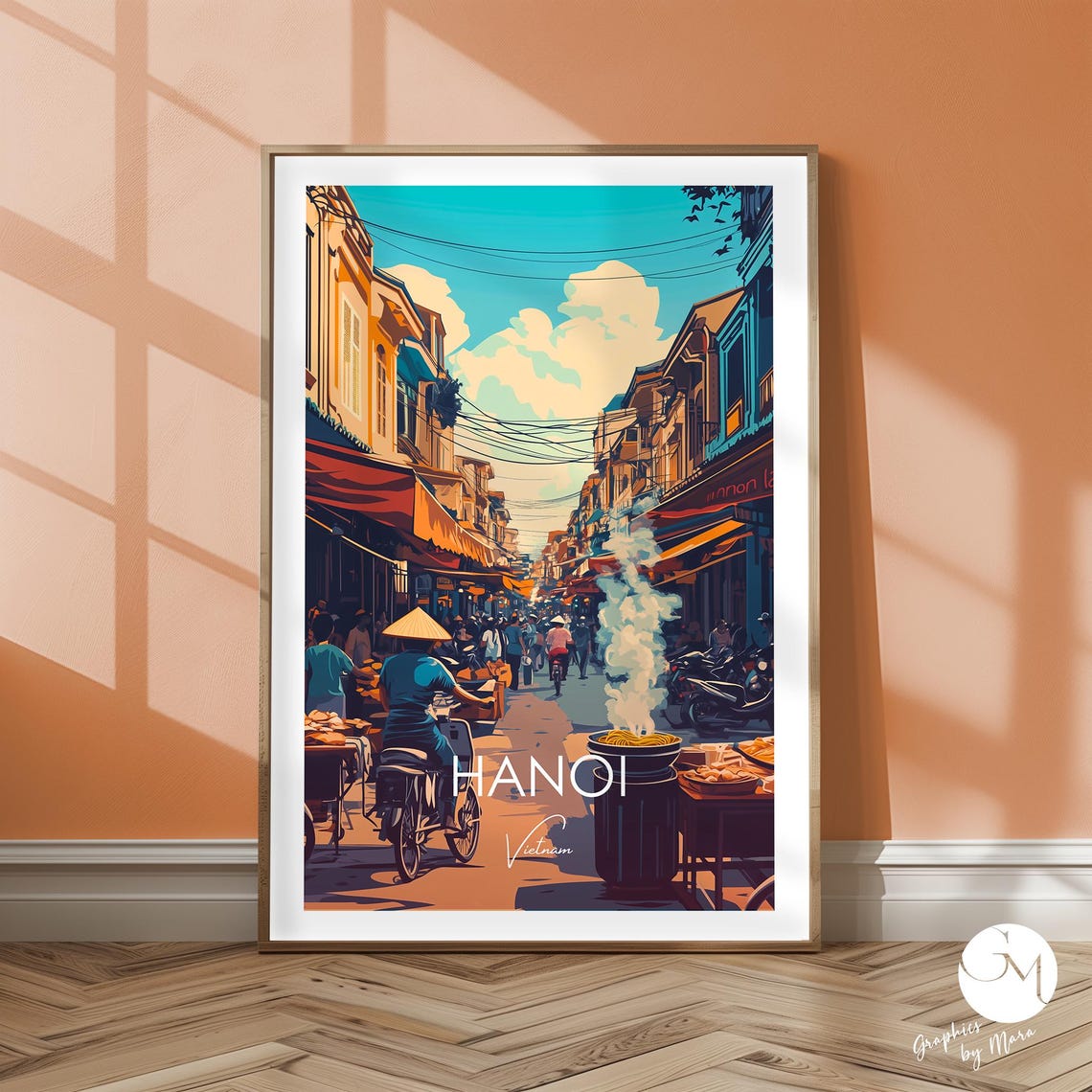 Hanoi Vietnam Street Food Scene With Bottom Script Travel Poster