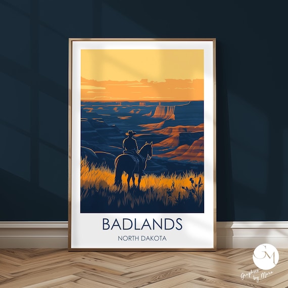 Badlands North Dakota Cowboy on Horseback Sunset Minimalist Poster