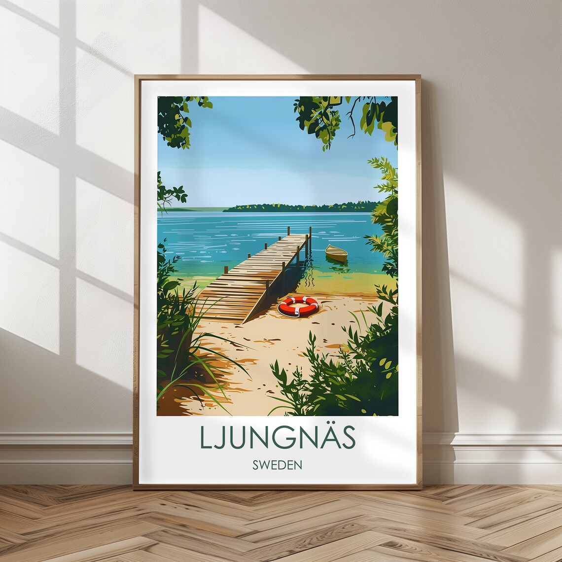 Ljungns Sweden Travel Poster, Idyllic Beach View
