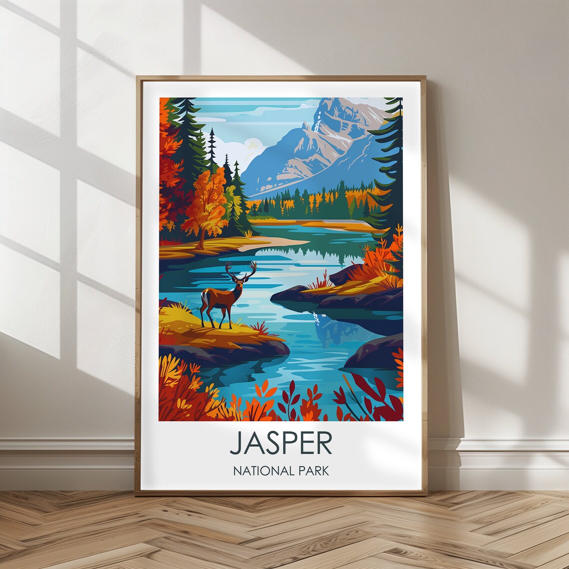 Jasper National Park Deer Mountain Lake Autumn Travel Poster