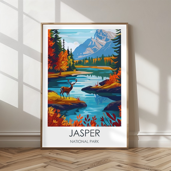 Jasper National Park Deer Mountain Lake Autumn Travel Poster