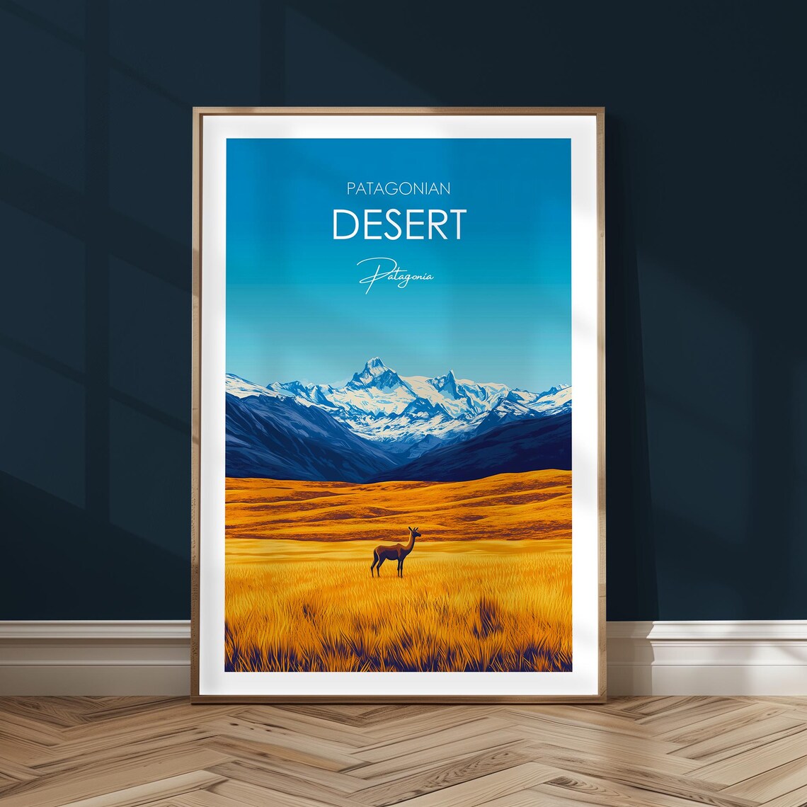 Patagonian Desert Golden Grassland Guanaco Andes Travel Poster