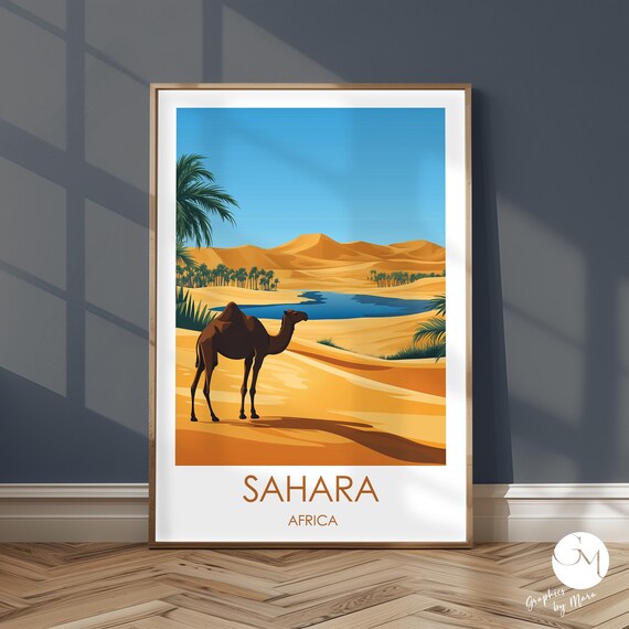 Sahara Africa Camel Desert Oasis Golden Dunes Travel Poster Art