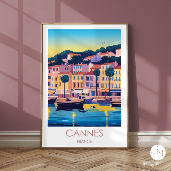 France Travel Print Cannes Yachts At Sunset Promenade Poster South Of Illustration Coastal Picture
