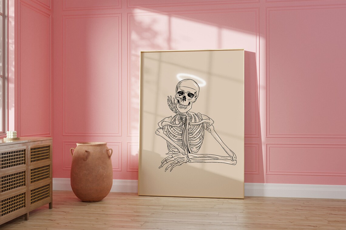 Angel Skeleton Halo Line Art Spooky Minimalist Halloween Poster