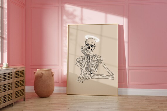 Angel Skeleton Halo Line Art Spooky Minimalist Halloween Poster